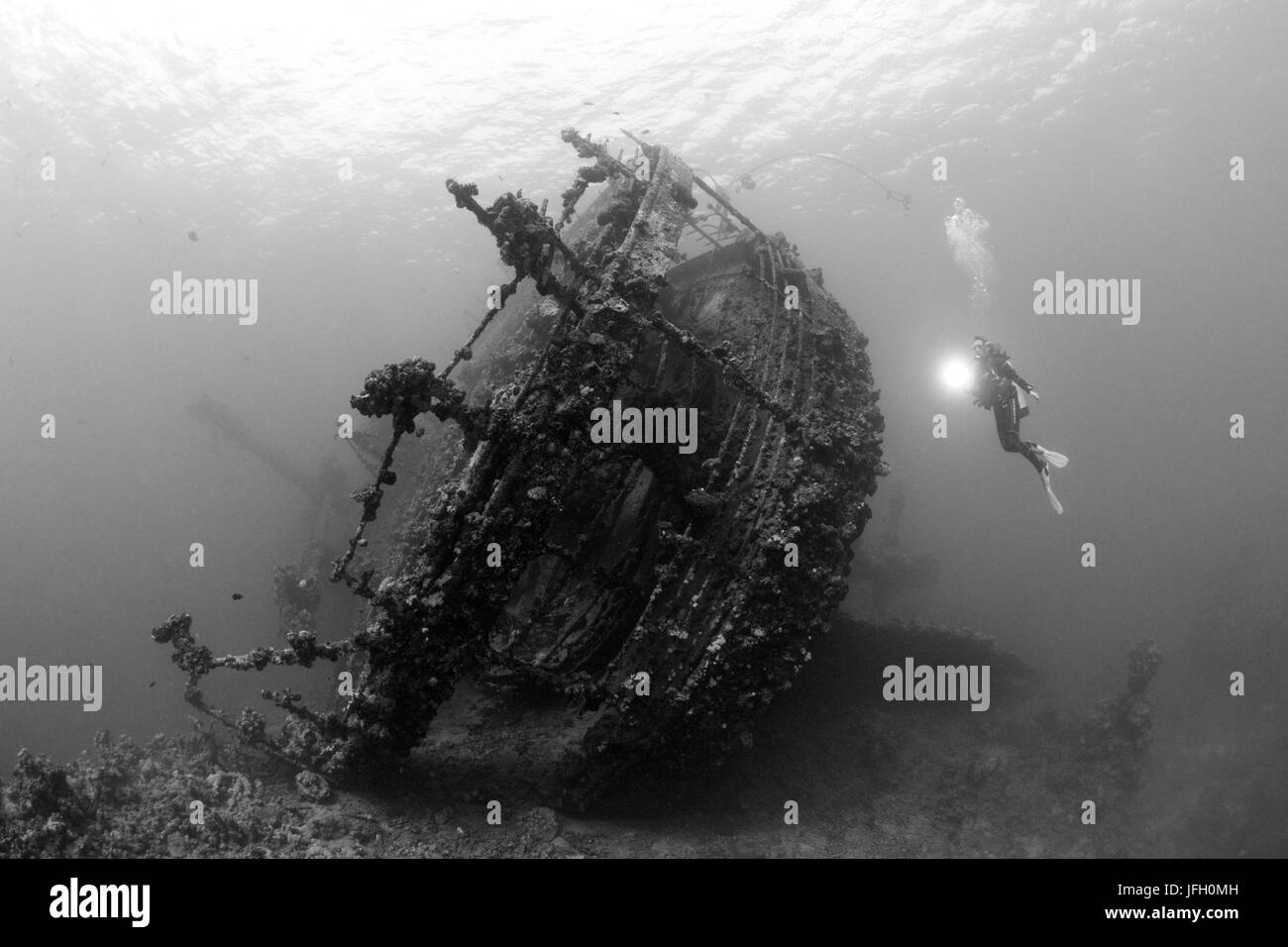 Diver in the wreck of the Umbria, outsideate reef, the Red Sea, Sudan Stock Photo