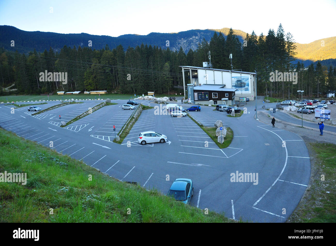 Germany, Bavaria, Werdenfels, Eibsee cable car, parking lot Stock Photo