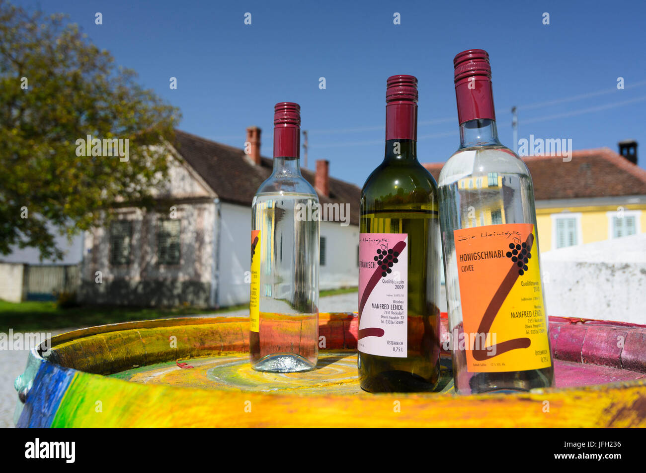 Wine bottles, Austria, Burgenland, Bildein Stock Photo