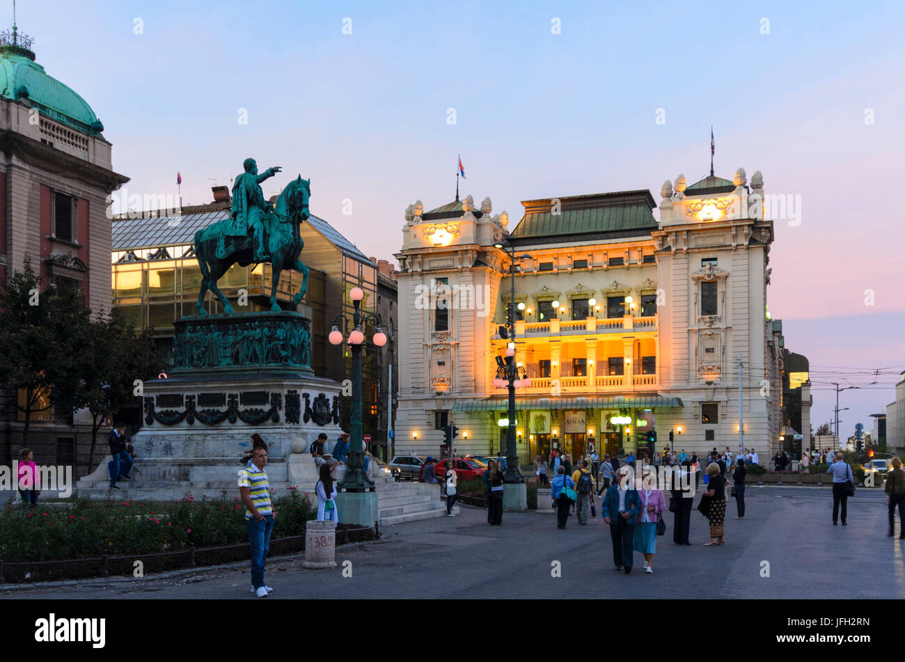 Square Trg Republike with national theater and equestrian statue of Prince Mihailo Obrenović, Serbia, Belgrade Stock Photo