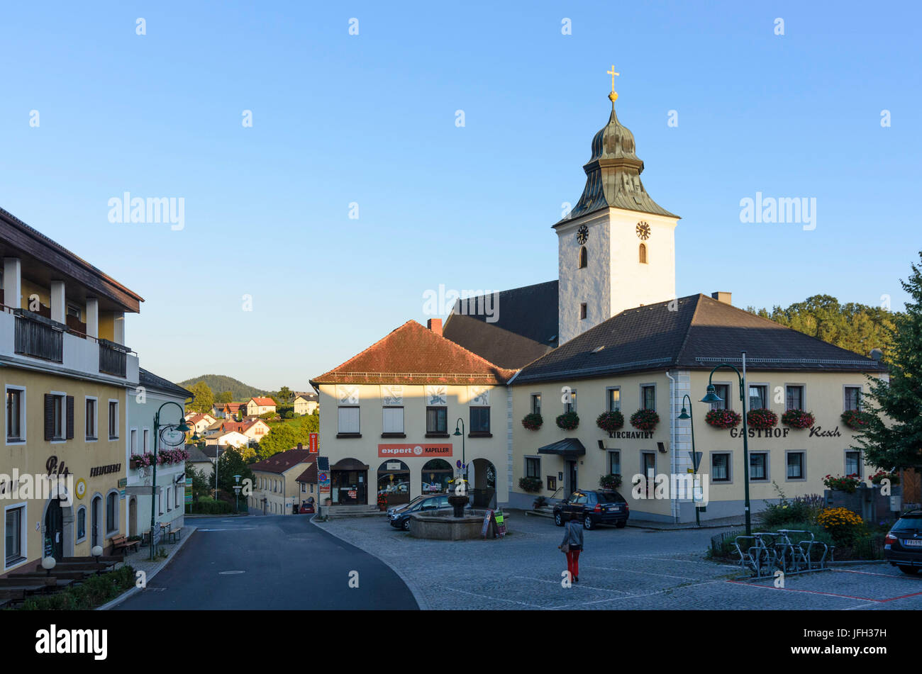 Marketplace and parish church in the last evening light, Austria, Upper Austria, Mühlviertel, Gutau Stock Photo