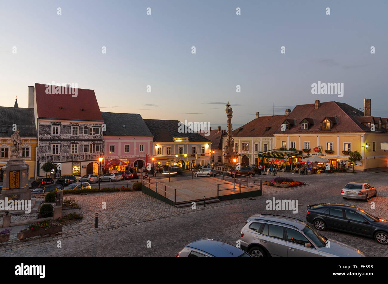 Town Hall square with Trinity pillar, Austria, Lower Austria, forest quarter, Weitra Stock Photo