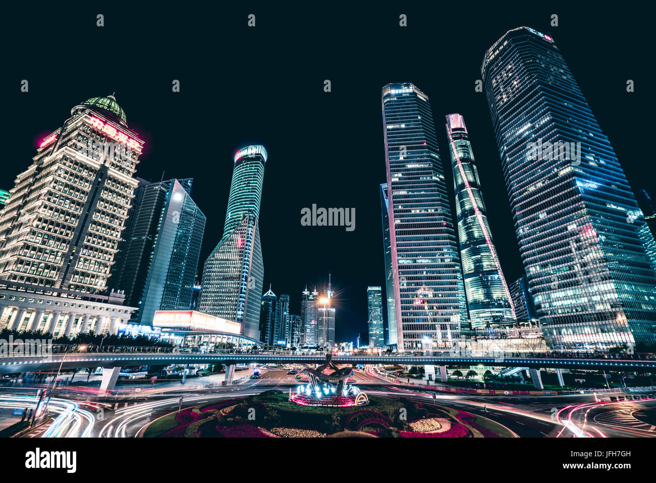 Long exposure shot of the main traffic roundabout at Shanghai's Pudong district Stock Photo