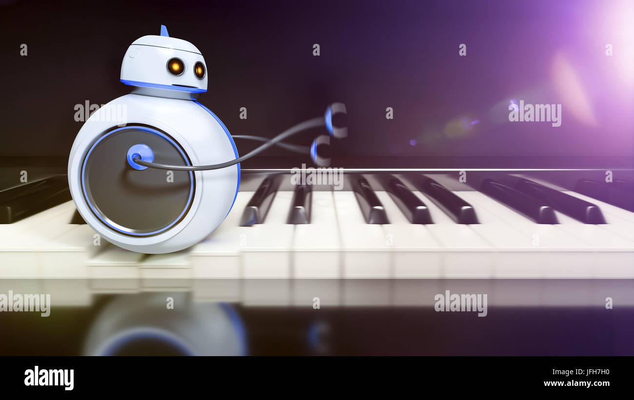 sweet little robot runs over piano key Stock Photo