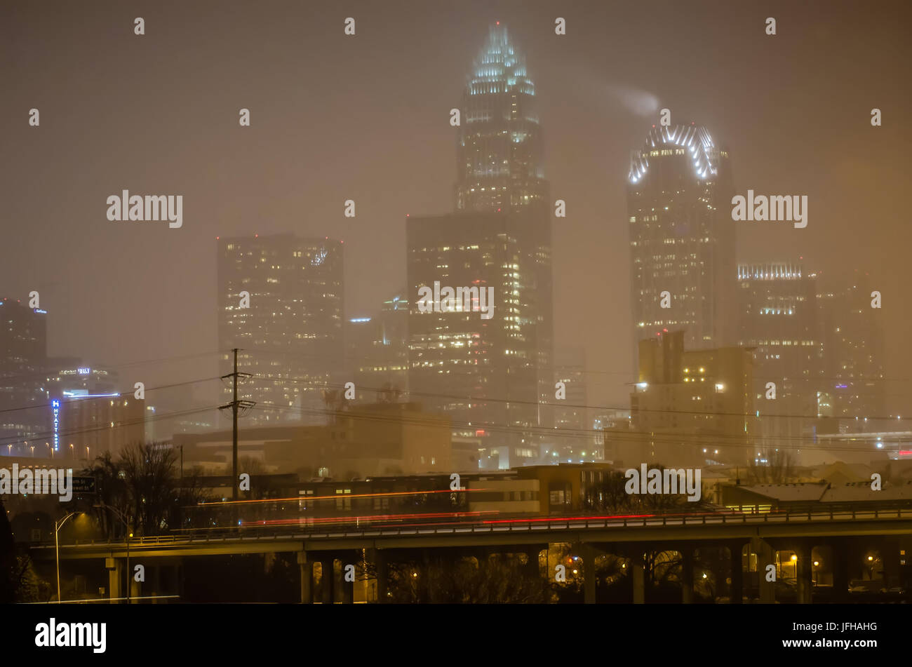 charlotte nc usa skyline during and after winter snow storm Stock Photo