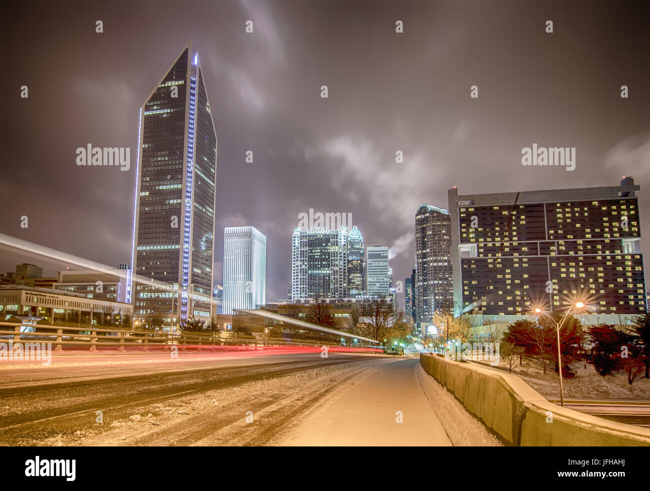 charlotte nc usa skyline during and after winter snow storm Stock Photo