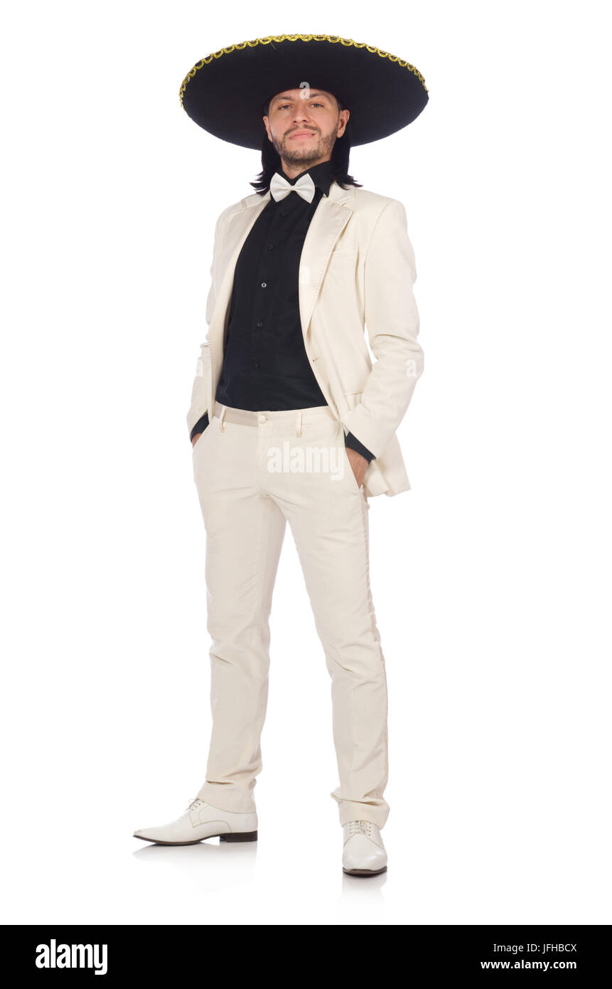 Funny mexican in suit and sombrero isolated on white Stock Photo