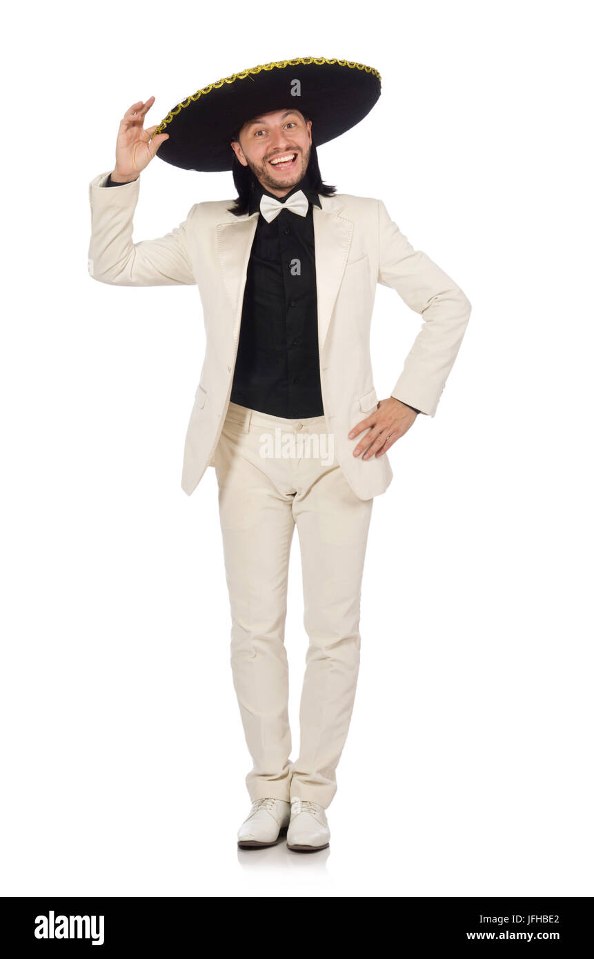 Funny mexican in suit and sombrero isolated on white Stock Photo