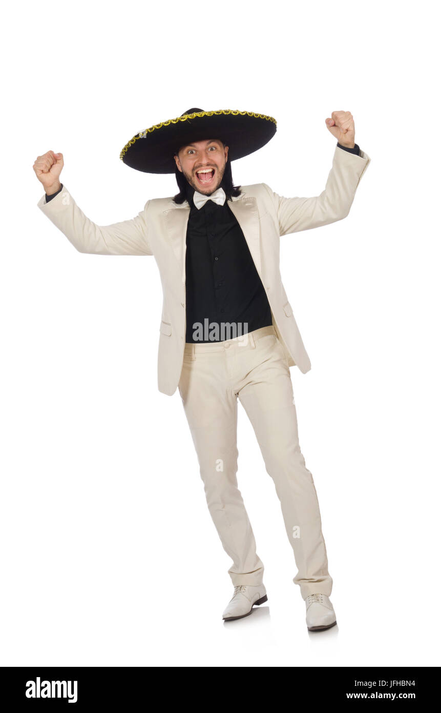 Funny mexican in suit and sombrero isolated on white Stock Photo