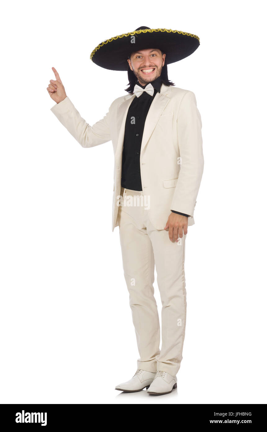 Funny mexican in suit and sombrero isolated on white Stock Photo