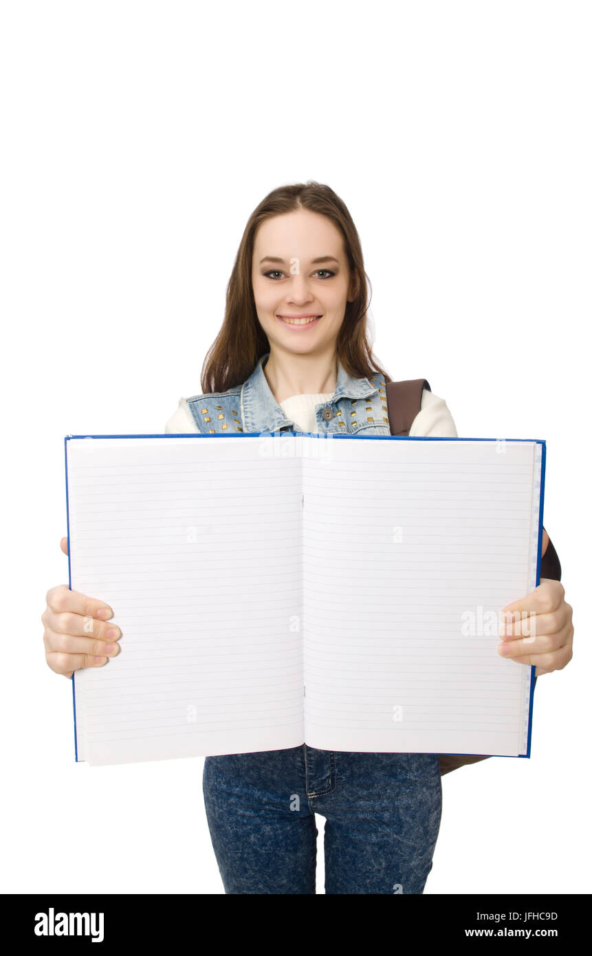 Pretty student holding blank notebook isolated on white Stock Photo - Alamy