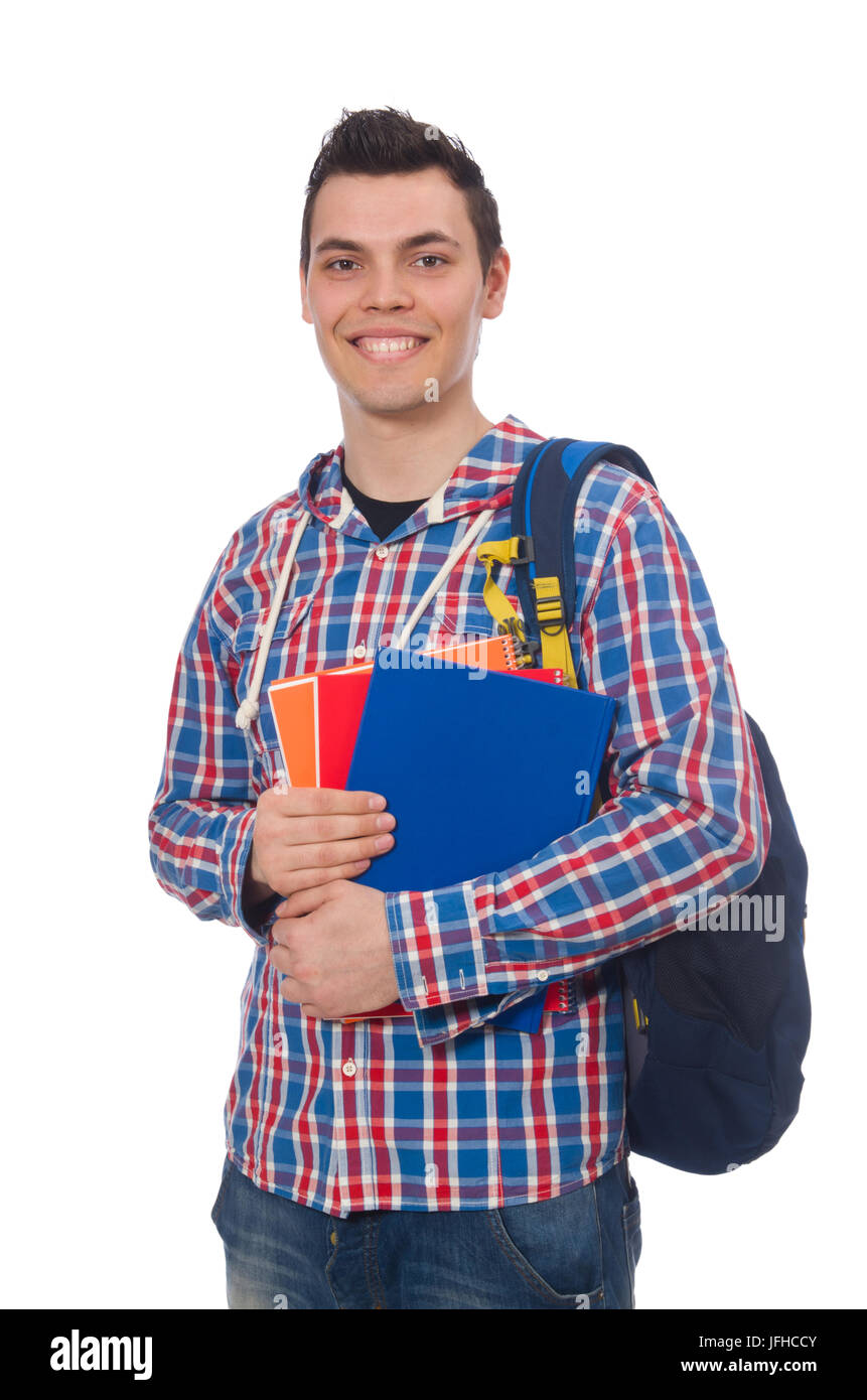 Smiling caucasian student with backpack and book isolated on whi Stock ...