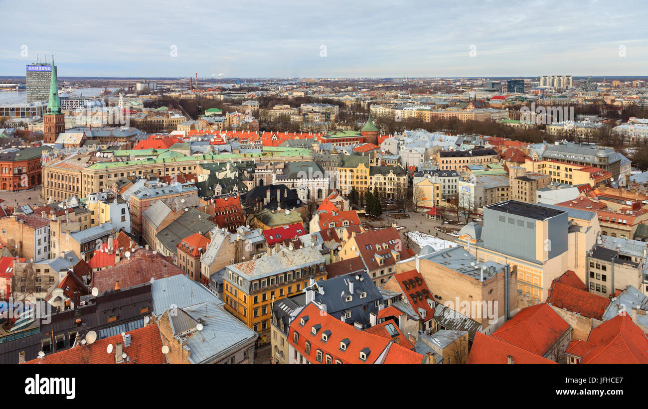 A panorama of the city of Riga, capital of Latvia.  Livu Square, the Powder Tower and St Jacobs Cathedral can all be seen. Stock Photo