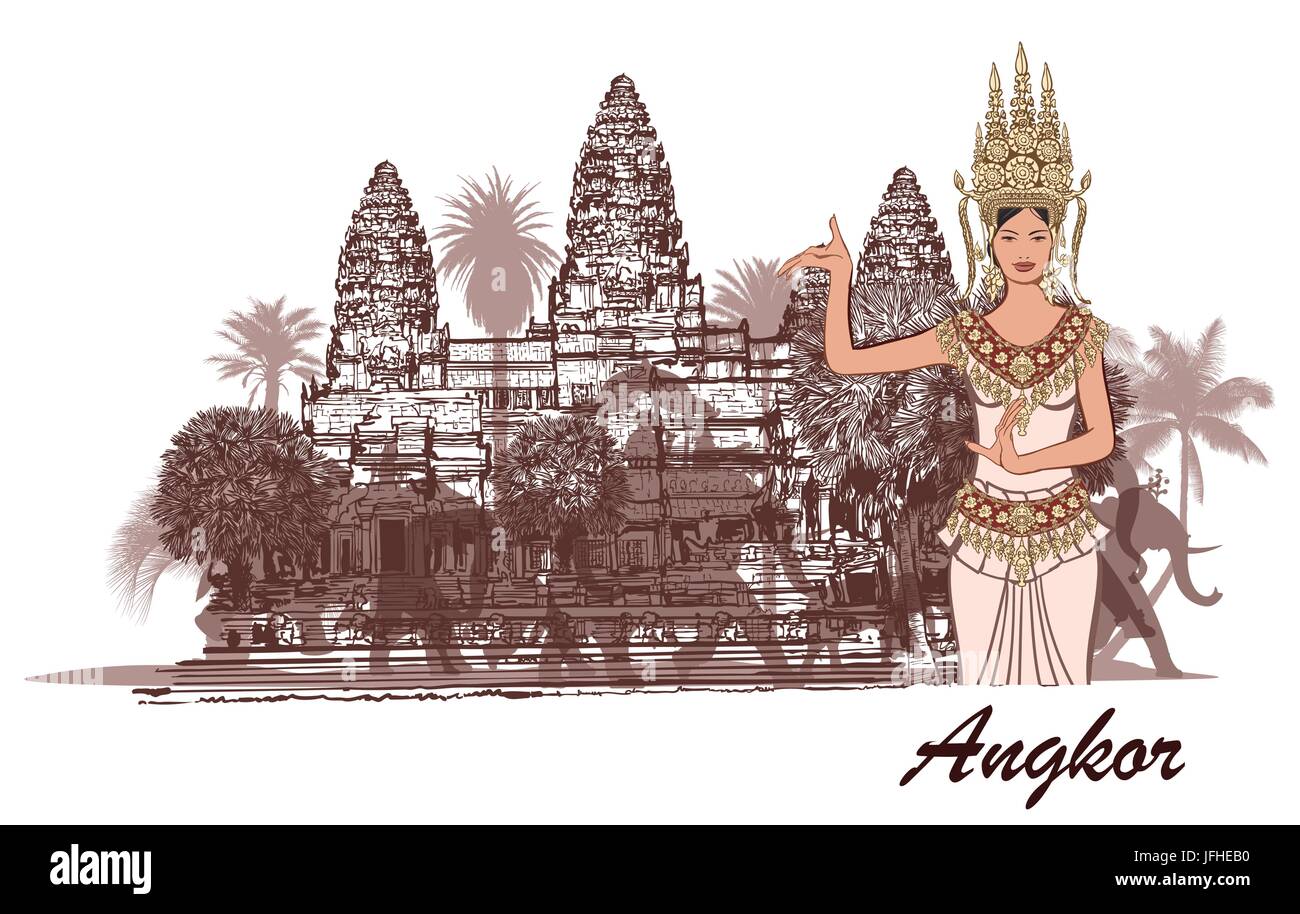 Angkor wat with elephants, palm trees and apsara- vector illustration Stock Vector
