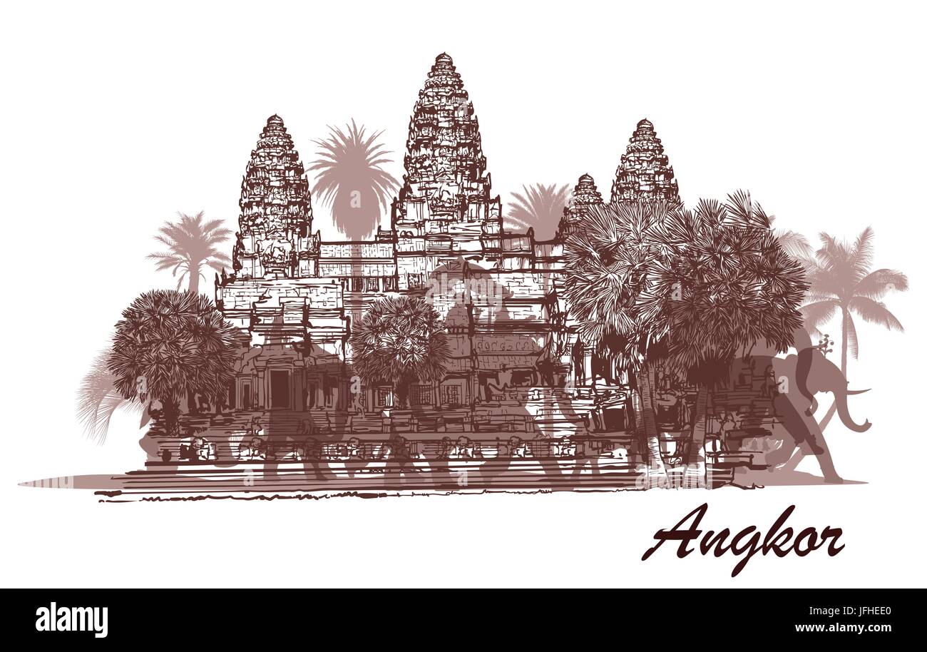 Angkor wat with elephants and palm trees - vector illustration Stock Vector