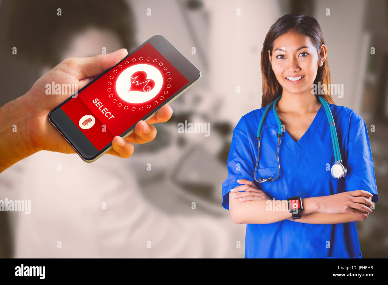 Composite image of asian nurse with stethoscope crossing arms Stock Photo