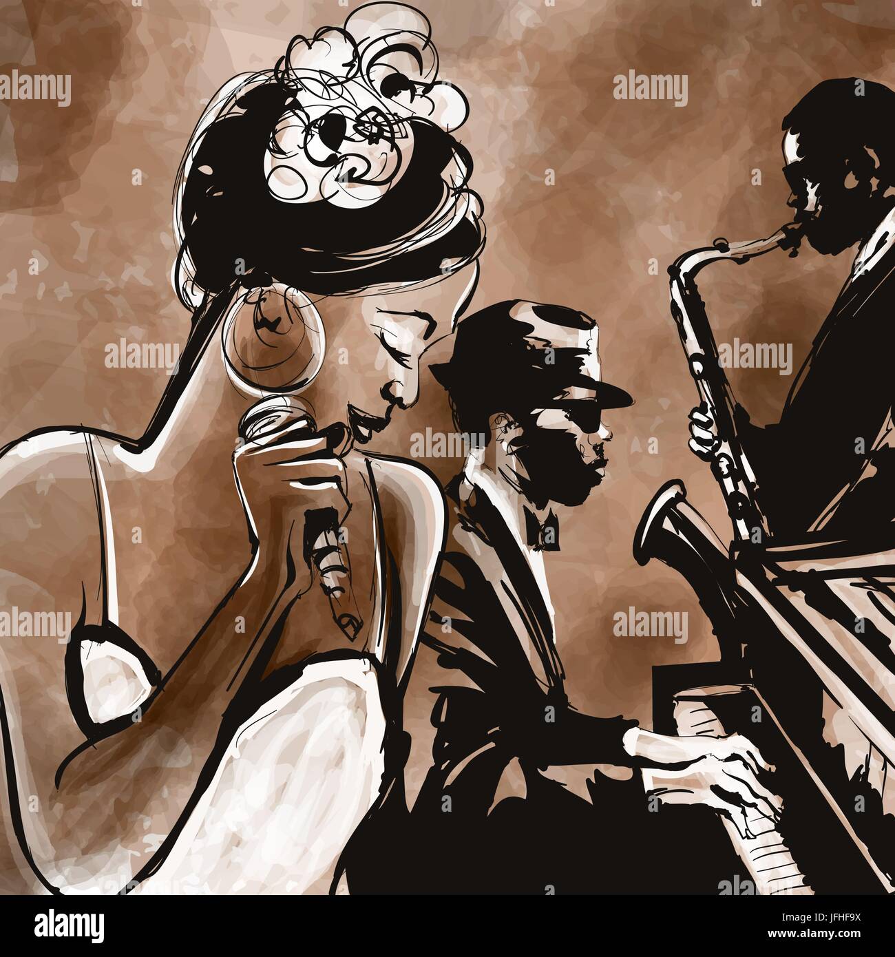 Jazz band with singer, saxophone and piano - vector illustration Stock ...