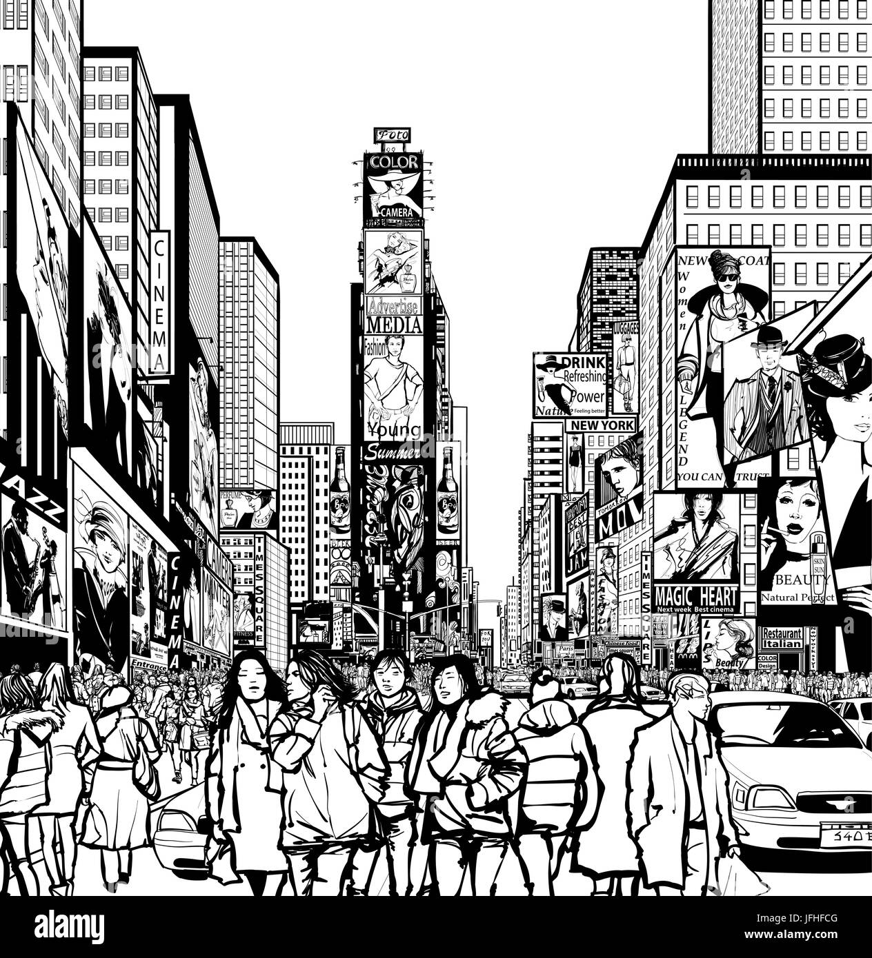 Interpretation of Times Square in New York in black and white- Vector illustration Stock Vector
