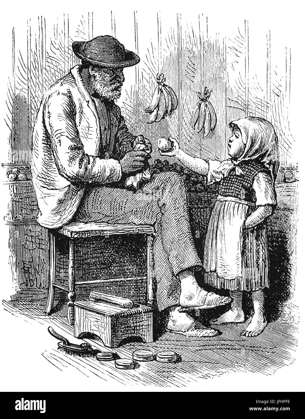 1879: Little girl and old man in the Old French Market in New Orleans, Louisiana, United States of America Stock Photo
