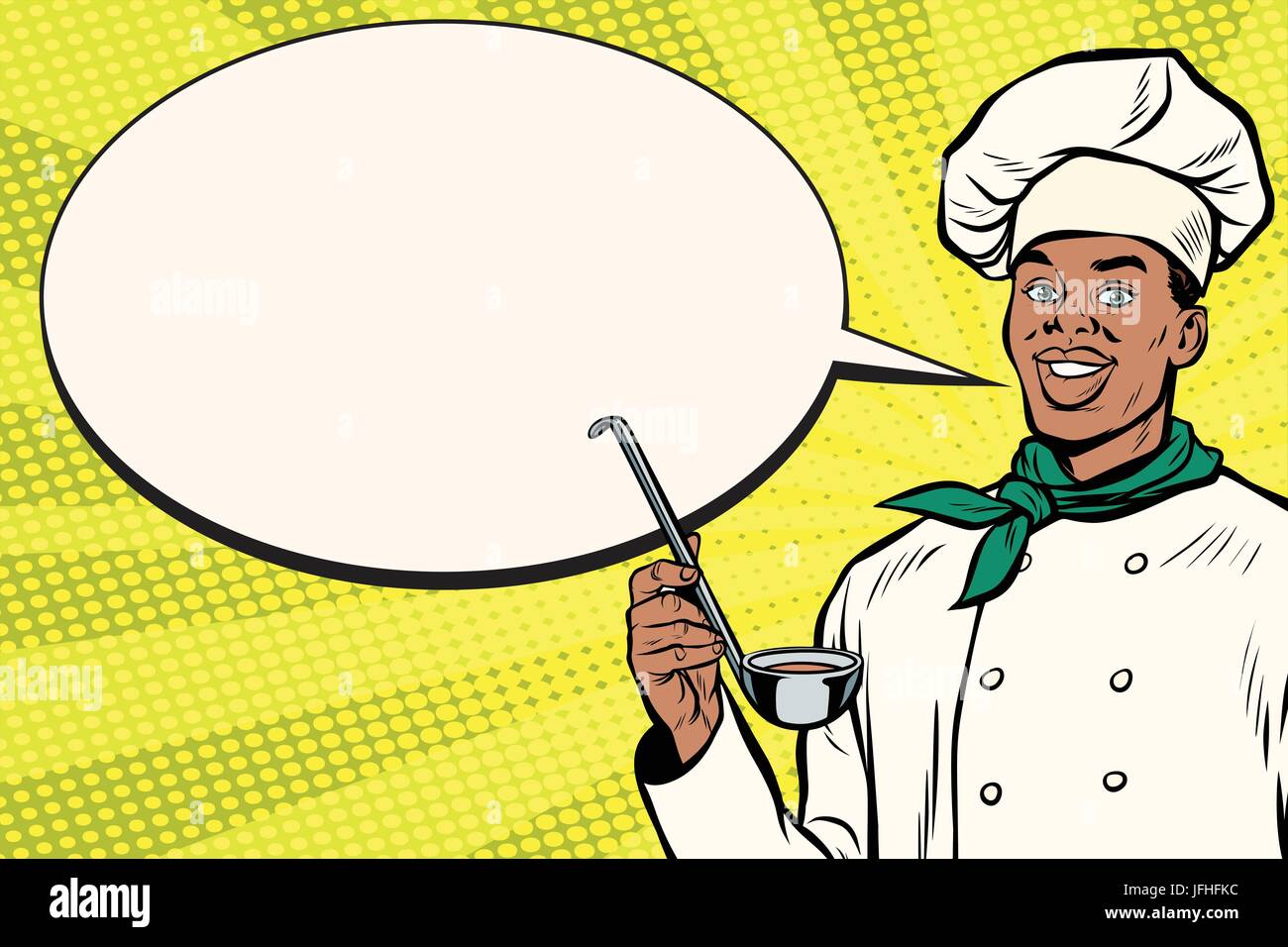 African chef with ladle cartoon bubble. Pop art retro vector illustration Stock Vector