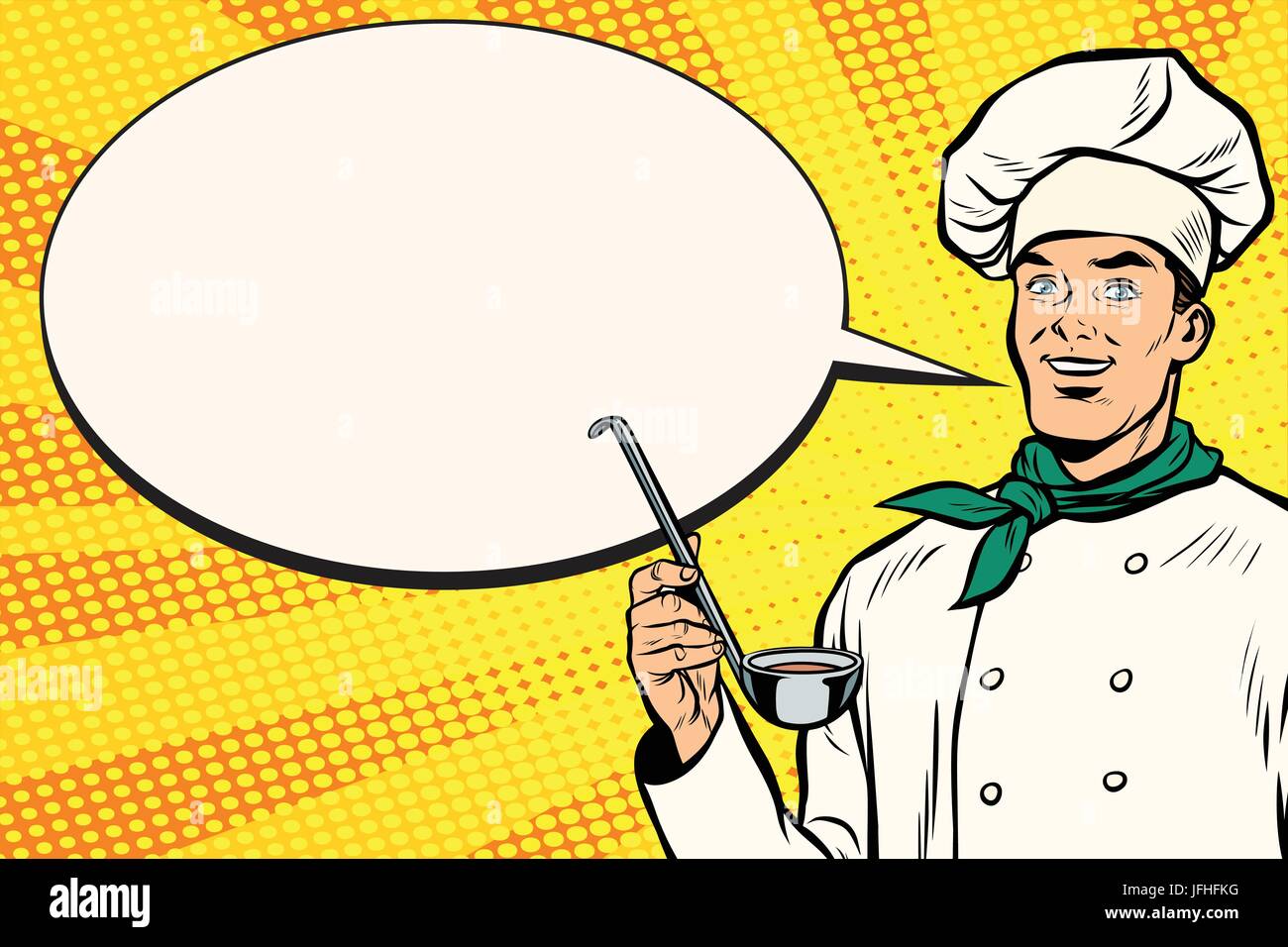 Caucasian chef with ladle for cooking, comic bubble. Pop art retro vector illustration Stock Vector