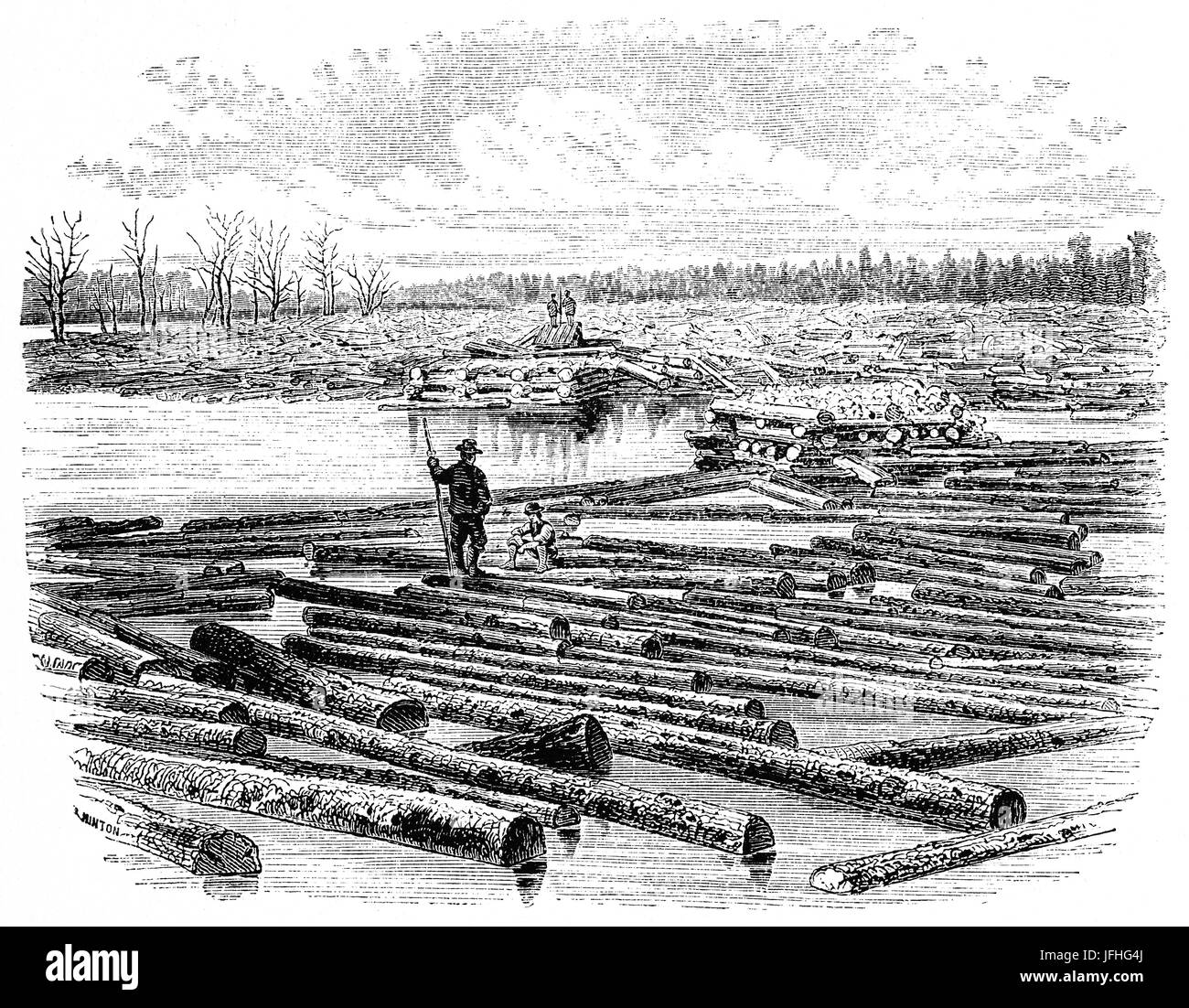 The timber trade at a log boom on the North-West Coast, United States of America Stock Photo