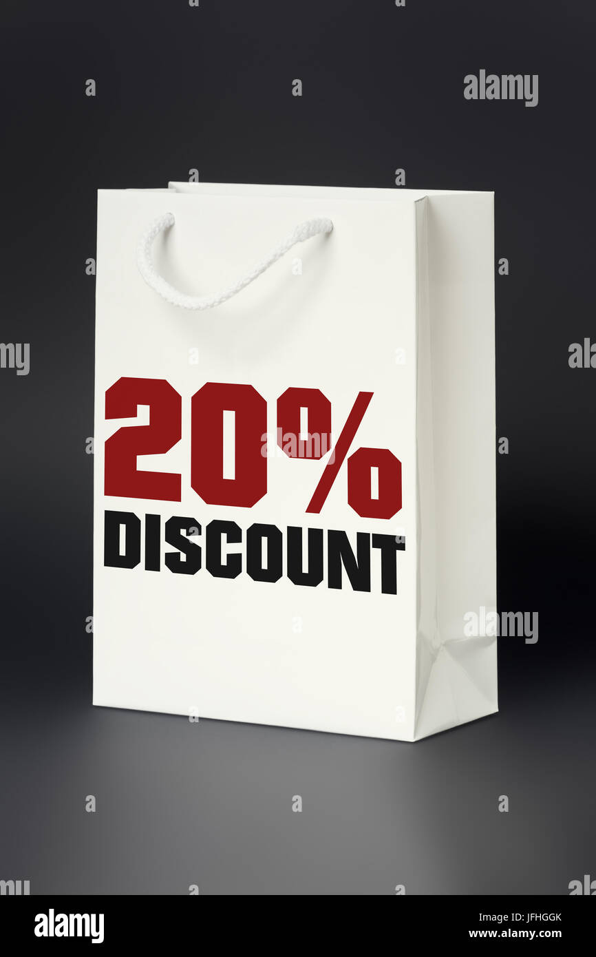 white shopping bag 20 percent discount Stock Photo