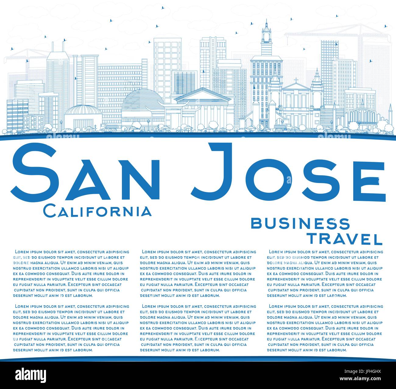 Outline San Jose California Skyline with Blue Buildings and Copy Space. Vector Illustration. Stock Vector