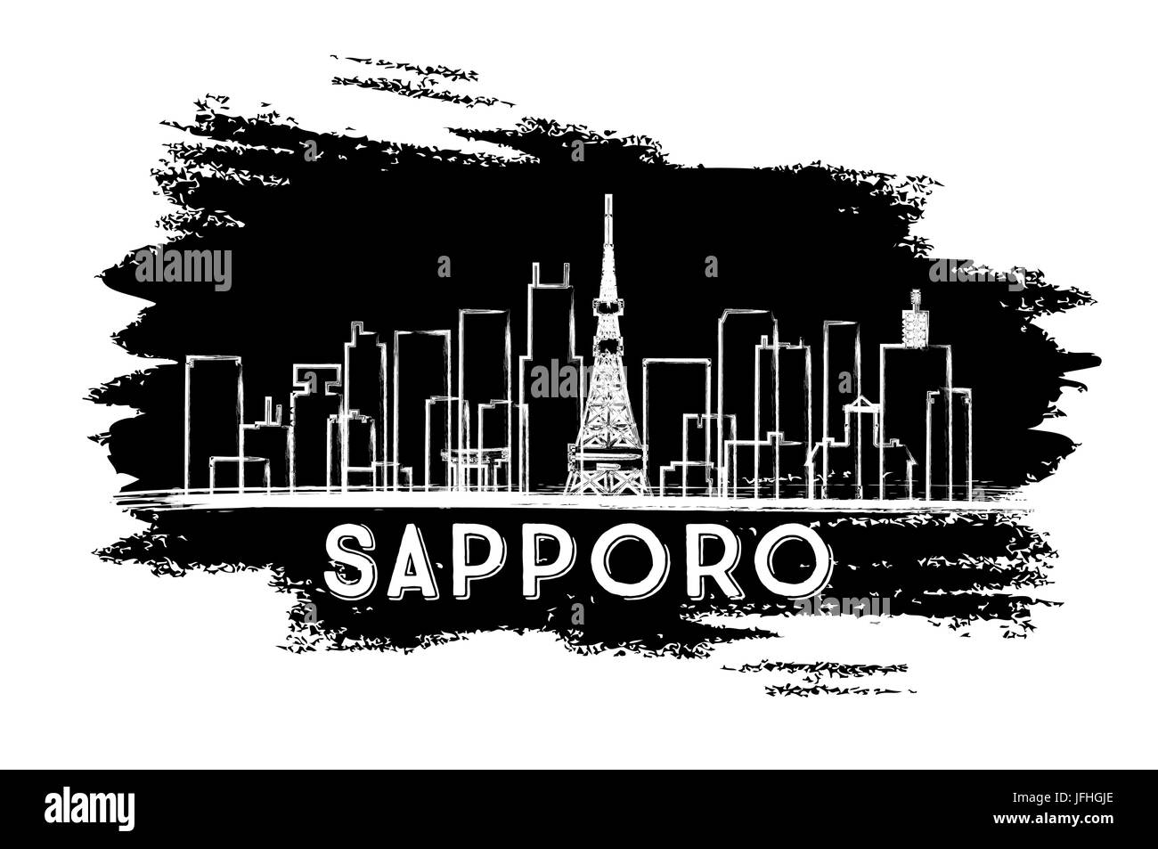 Sapporo Skyline Silhouette. Hand Drawn Sketch. Vector Illustration. Business Travel and Tourism Concept with Modern Buildings. Stock Vector