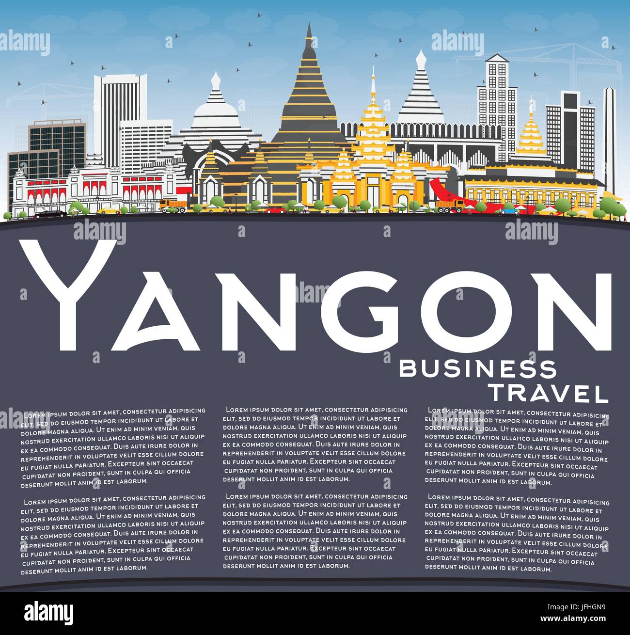 Yangon Skyline with Gray Buildings, Blue Sky and Copy Space. Vector Illustration. Business Travel and Tourism Concept with Historic Architecture. Stock Vector