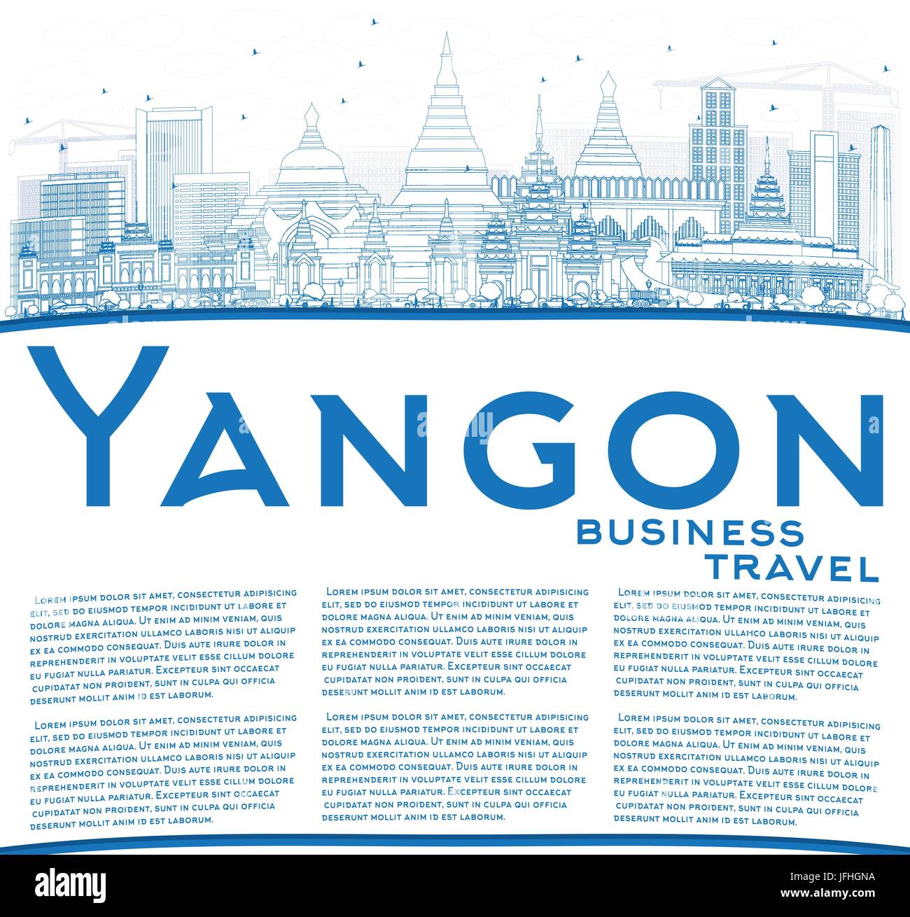 Outline Yangon Skyline with Blue Buildings and Copy Space. Vector Illustration. Business Travel and Tourism Concept with Historic Architecture. Stock Vector