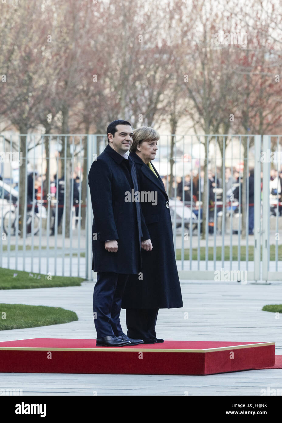 Merkel welcomes PM Tsipras of Greece in Berlin. Stock Photo