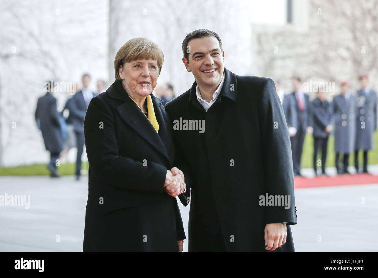 Merkel welcomes PM Tsipras of Greece in Berlin. Stock Photo