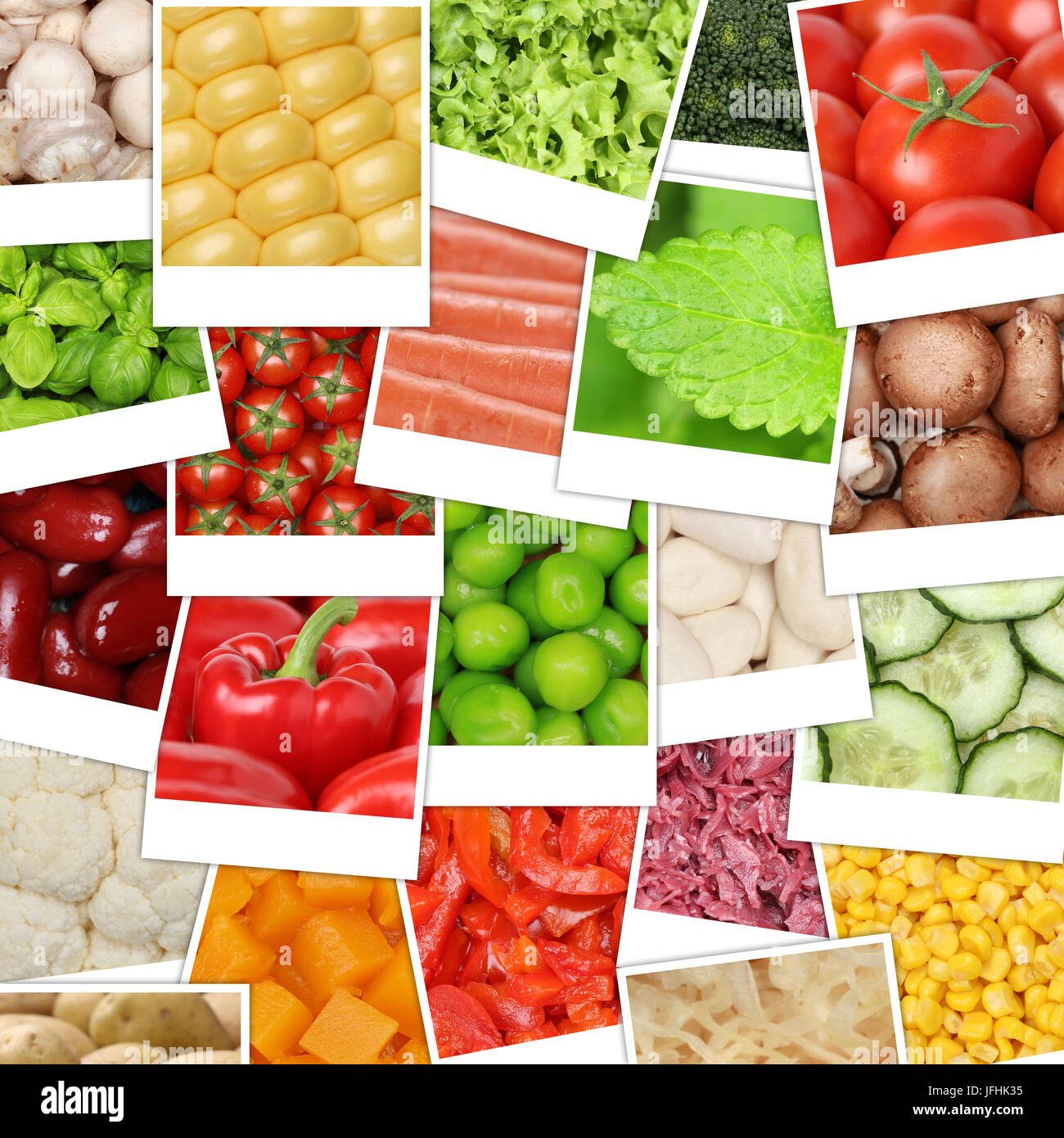 Food Hintergrund aus Gemüse wie Tomaten, Pilze, Paprika, Salat, Kartoffeln Stock Photo