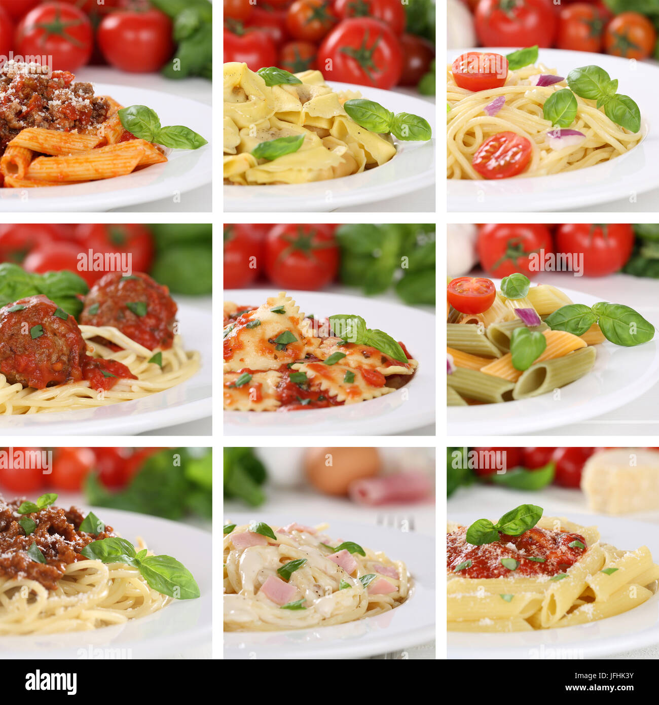 Italienisches Essen Collage von Spaghetti Food Pasta Nudeln Gerichte mit Tomaten Stock Photo