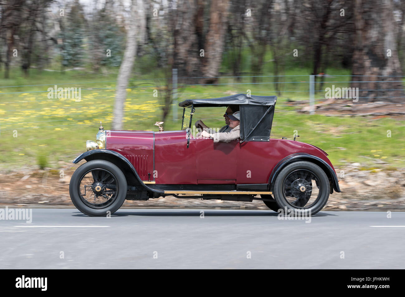 Vintage 1925 Amilcar C4 Tourer driving on country roads near the town of Birdwood, South Australia. Stock Photo