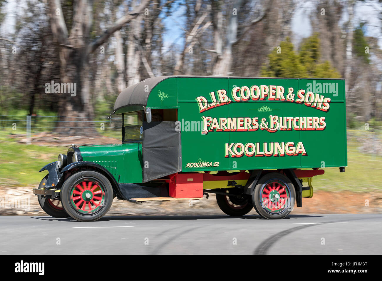 Vintage 1925 Reo SpeedWagon Truck driving on country roads near the town of Birdwood, South Australia. Stock Photo