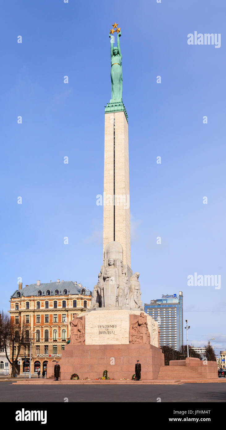 The Freedom Monument in Riga, Latva.  The memorial honours the soldiers killed during the Latvian War of Independence (1918 - 1920). Stock Photo