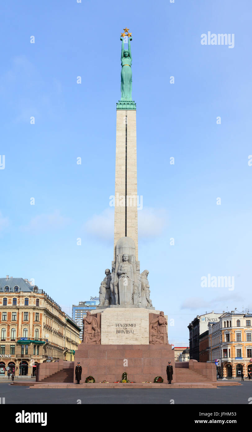 The Freedom Monument in Riga, Latva.  The memorial honours the soldiers killed during the Latvian War of Independence (1918 - 1920). Stock Photo