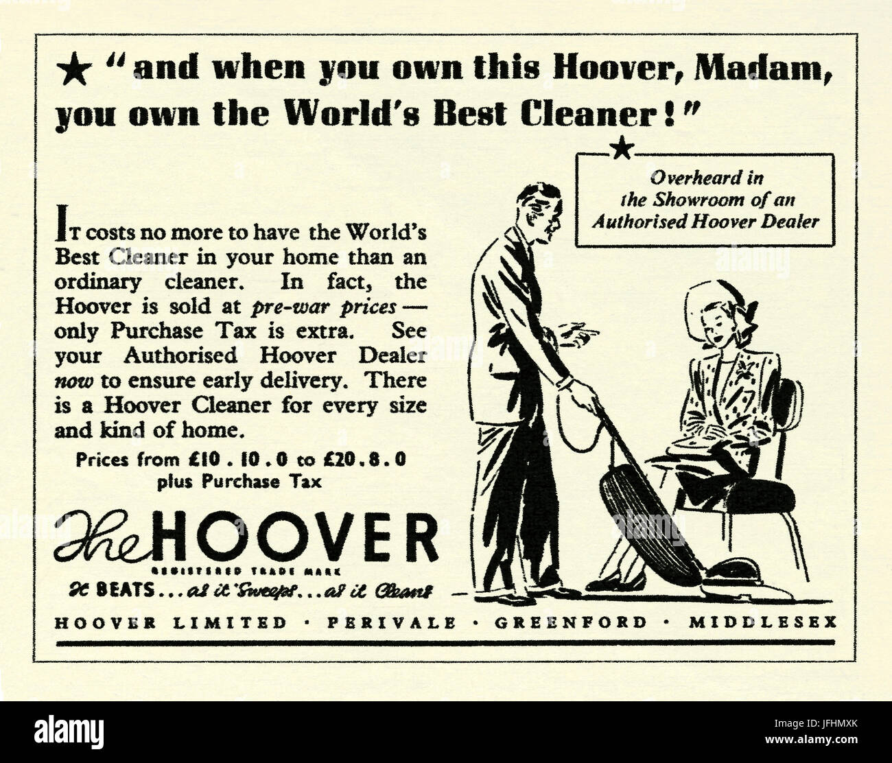An advert for a Hoover upright vacuum cleaner - it appeared in a magazine published in the UK in 1947. The advert promotes the vacuum cleaner as the 'world's best' with a salesman demonstating the product to a woman. Plus there is the catchphrase or slogan that the device 'beats as it sweeps as it cleans' Stock Photo