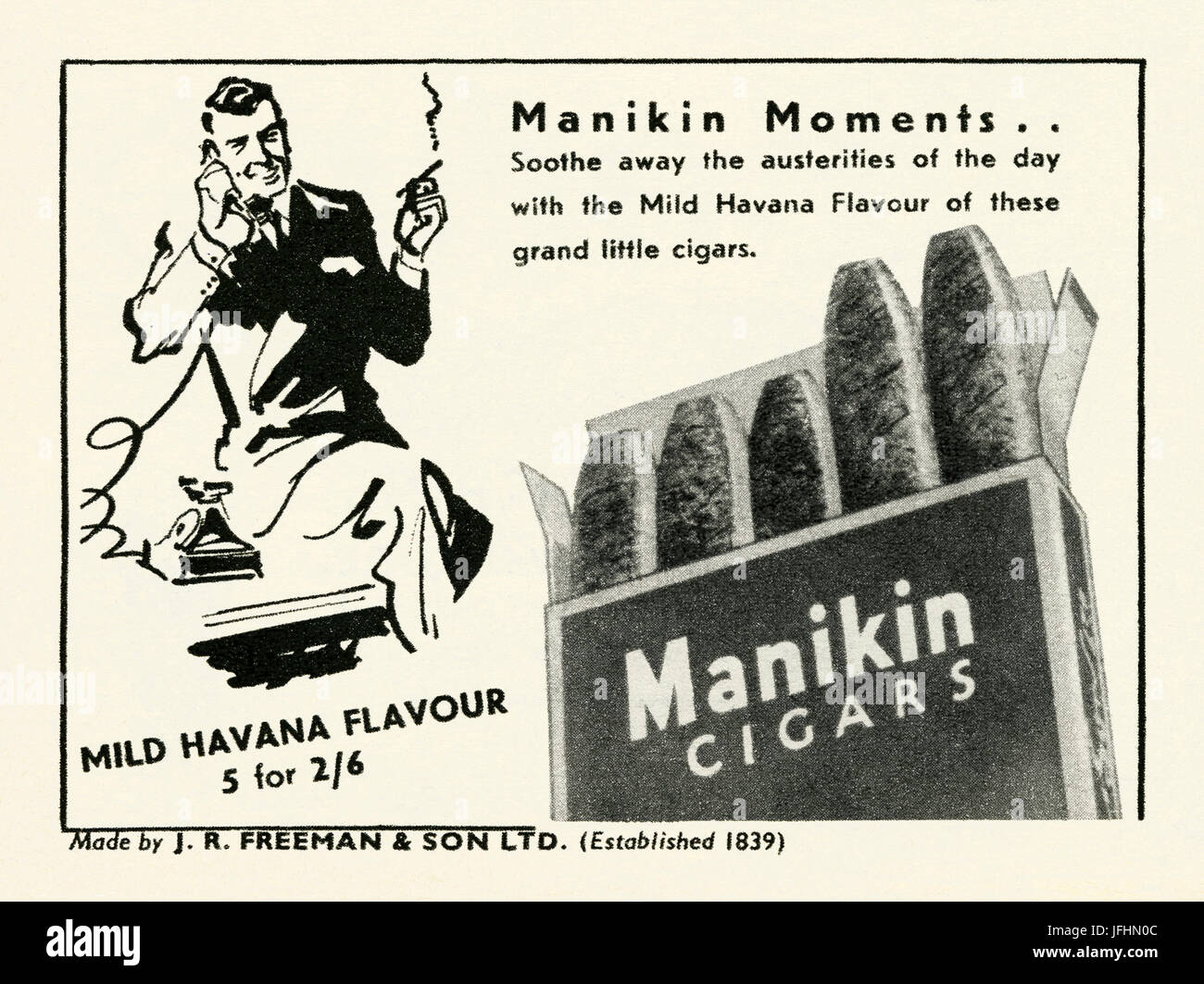 An advert for Manikin cigars - it appeared in a magazine published in the UK in 1948. This type of little cigar is often referred to as a 'mild cigar' in advertising the product, as here Stock Photo