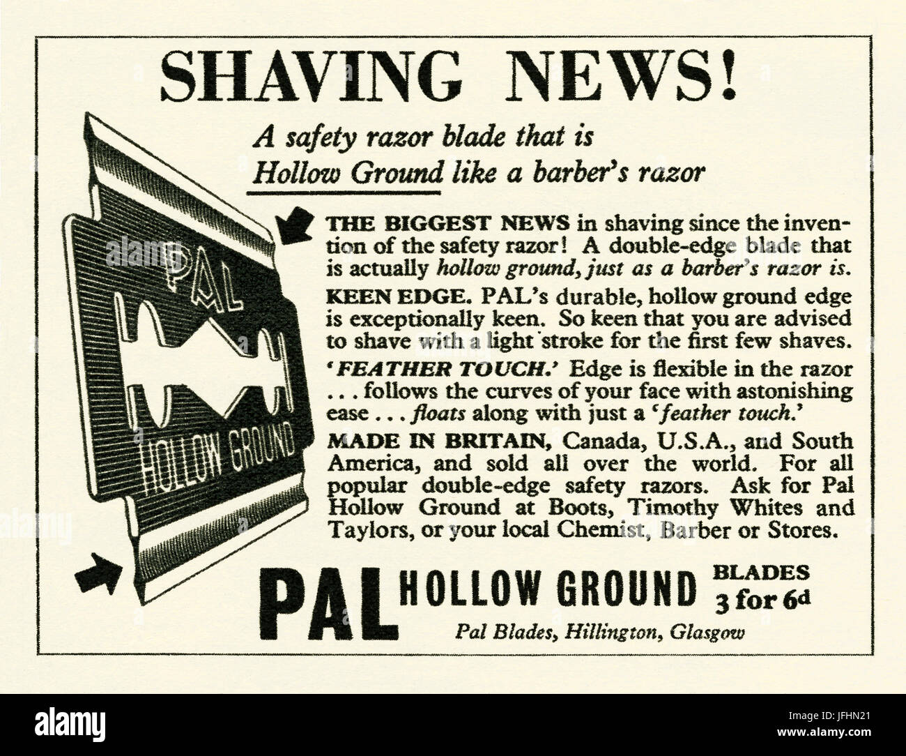 An advert for Pal hollow ground safety razor blades - it appeared in a magazine published in the UK in 1947. The term safety razor was first used in the 1800s to describe a basic razor with a handle attached to a head where a removable blade may be placed Stock Photo