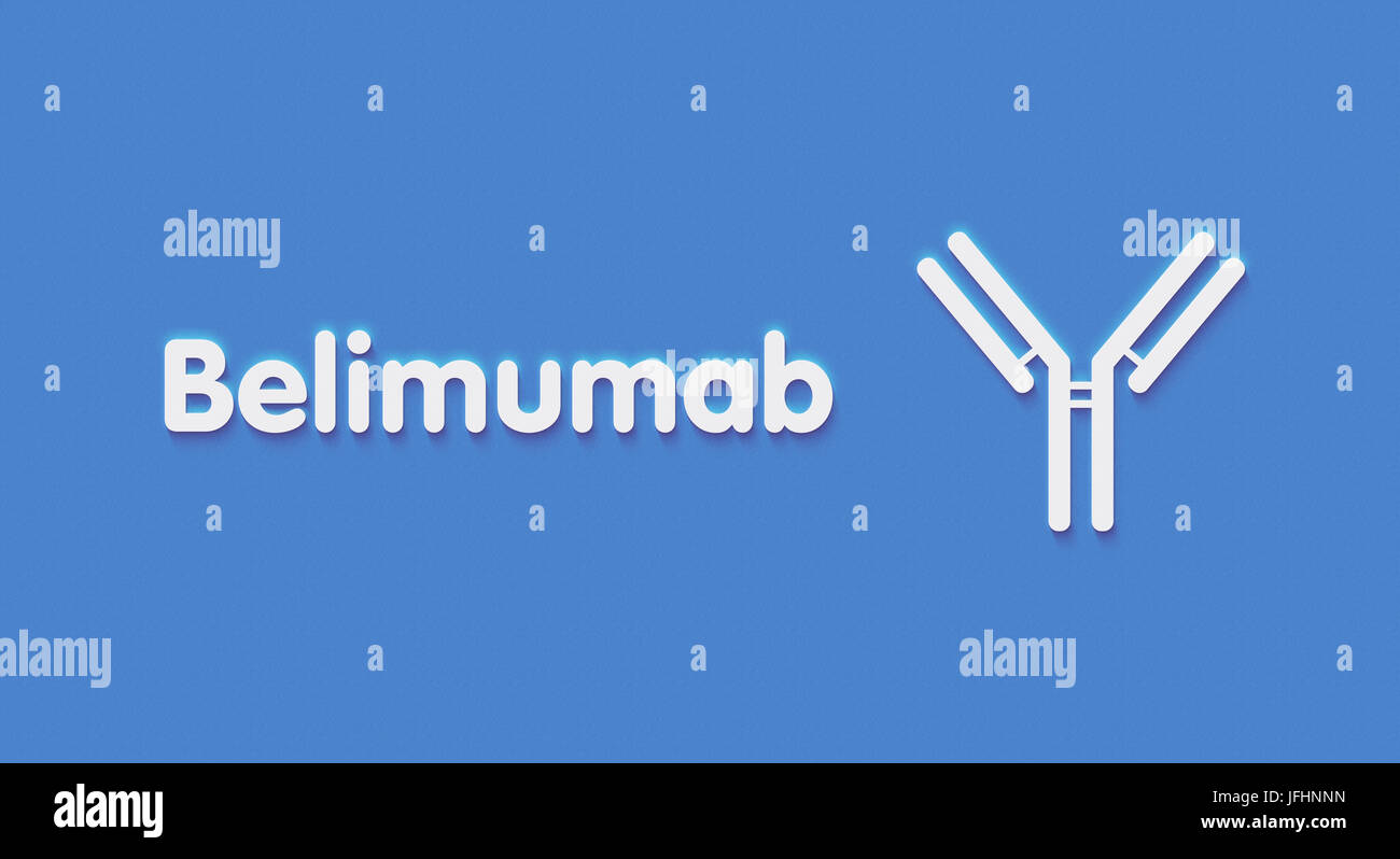 Belimumab monoclonal antibody drug. Targets B-cell activating factor (BAFF), used in treatment of systemic lupus erythematosus. Generic name and styli Stock Photo