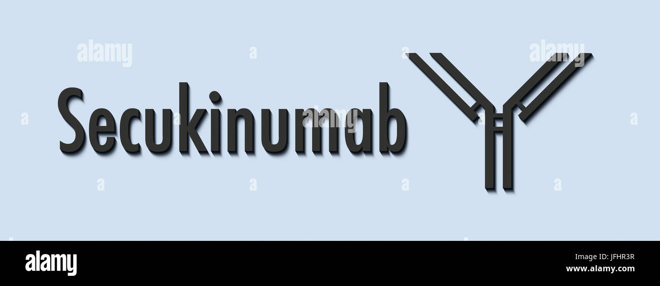 Secukinumab monoclonal antibody drug. Targets interleukin-17A (IL-17A) and is used in treatment of psoriasis. Generic name and stylized antibody. Stock Photo