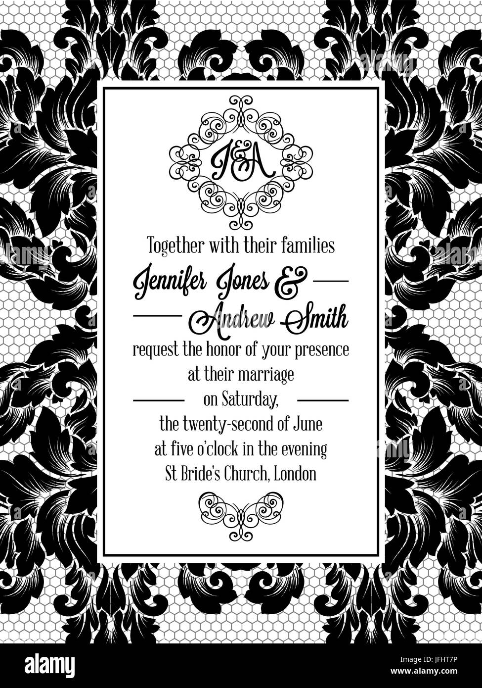 Damask pattern design for wedding invitation in black and white lace