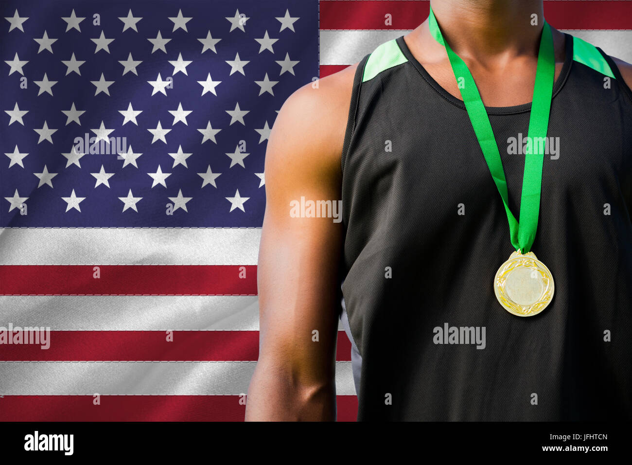 Composite image of portrait of sportsman chest with a medal Stock Photo