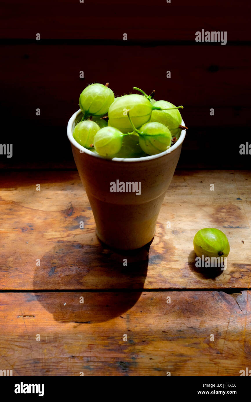 small bowl of Gooseberries in grey pottery bowl, the bowl is full of gooseberries, there are 5 green gooseberries on the top of the bowl, the bowl of  Stock Photo