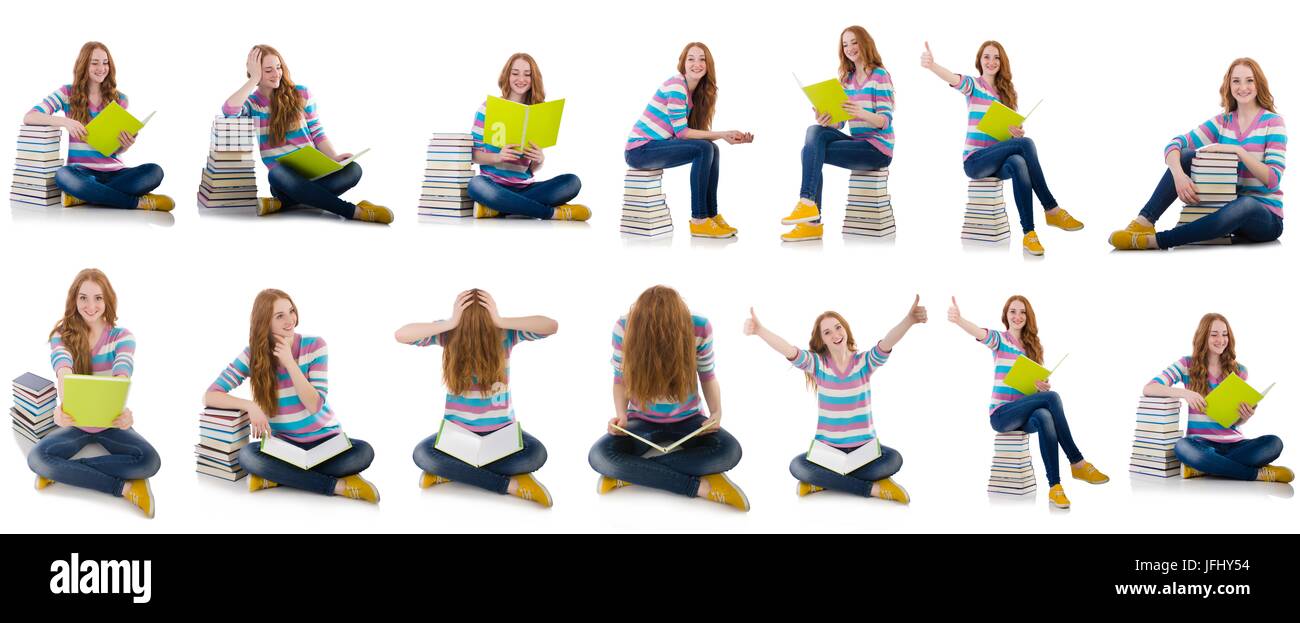 The young student with books isolated on white Stock Photo - Alamy