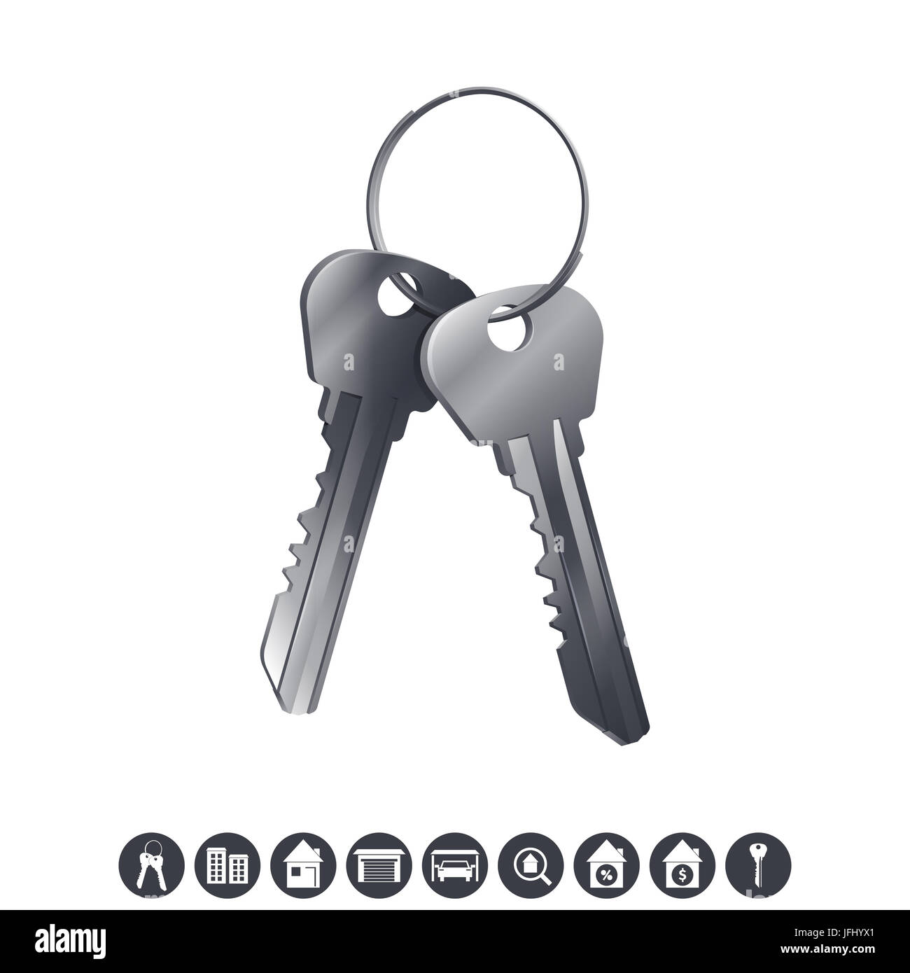 A bunch of silver house keys. Real estate icons isolated on white ...