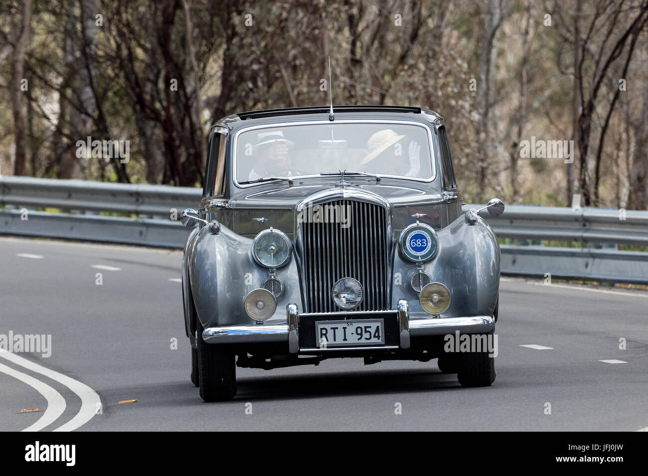 Vintage 1954 Bentley R Type Saloon driving on country roads near the town of Birdwood, South Australia. Stock Photo